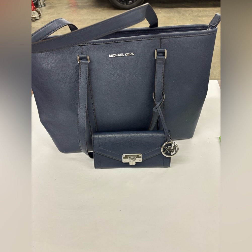 Michael Kors Dark Blue Tote and Wallet Set - EUC